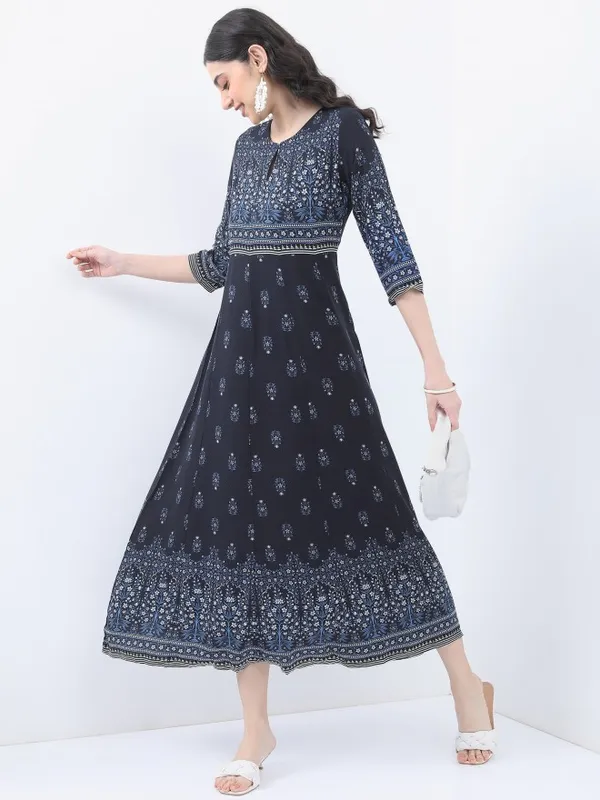  Vishudh Women Navy Blue Printed A-Line Ethnic Dresses