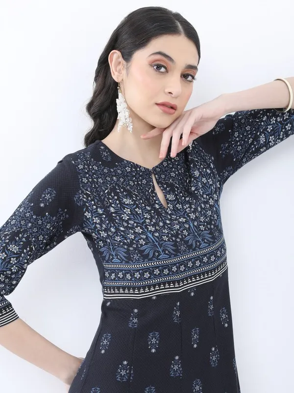  Vishudh Women Navy Blue Printed A-Line Ethnic Dresses