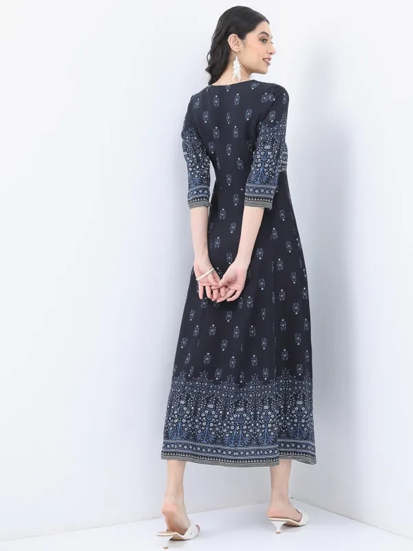  Vishudh Women Navy Blue Printed A-Line Ethnic Dresses