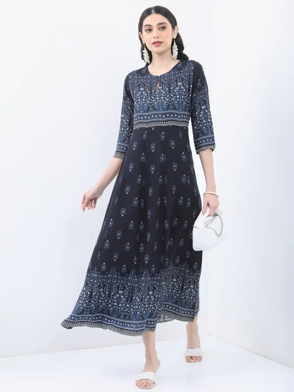  Vishudh Women Navy Blue Printed A-Line Ethnic Dresses