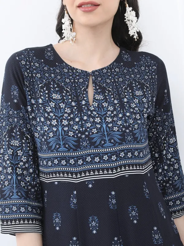  Vishudh Women Navy Blue Printed A-Line Ethnic Dresses