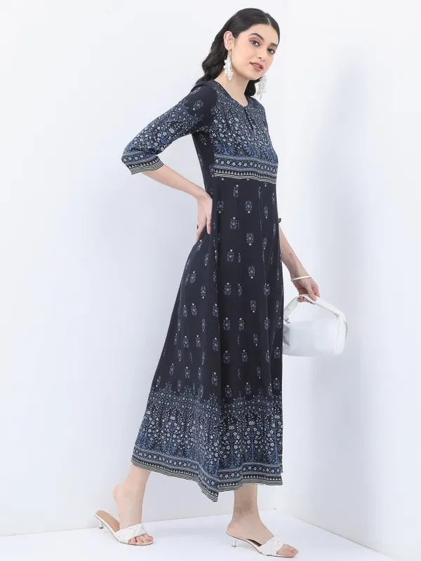  Vishudh Women Navy Blue Printed A-Line Ethnic Dresses