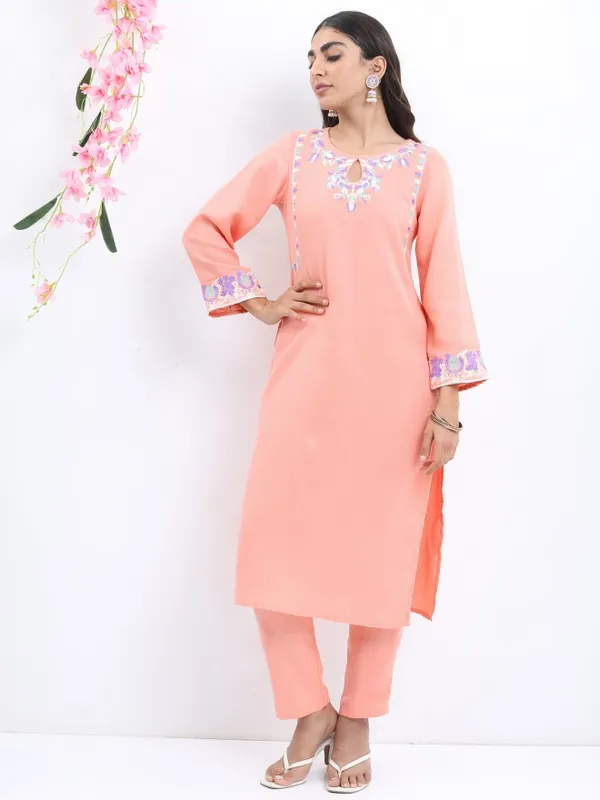  Ketch Women Peach Embroidered Kurta Sets