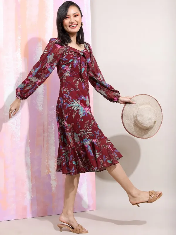 Tokyo Talkies Women Wine Printed Floral Fit And Flare Midi Dress
