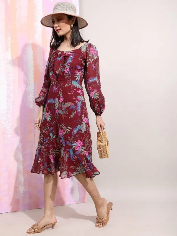  Tokyo Talkies Women Maroon Printed Fit And Flare Dresses