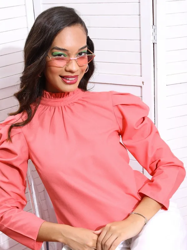 Tokyo Talkies Women Coral Solid Regular Top