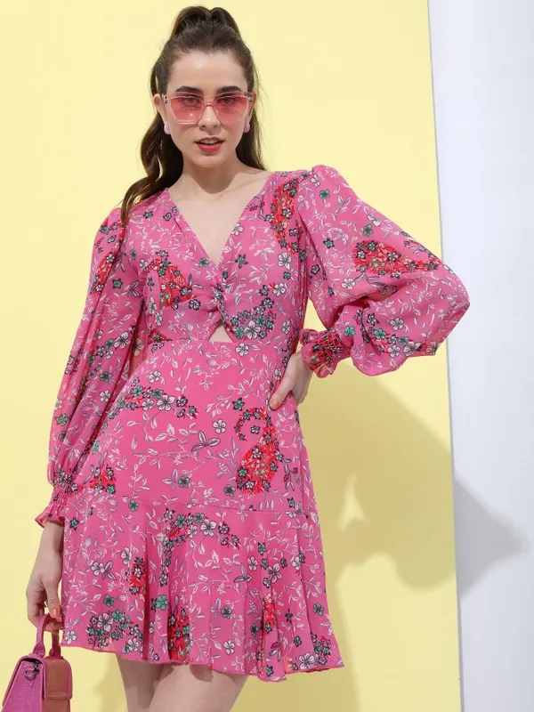 Tokyo Talkies Women Pink Printed Fit And Flare Dress