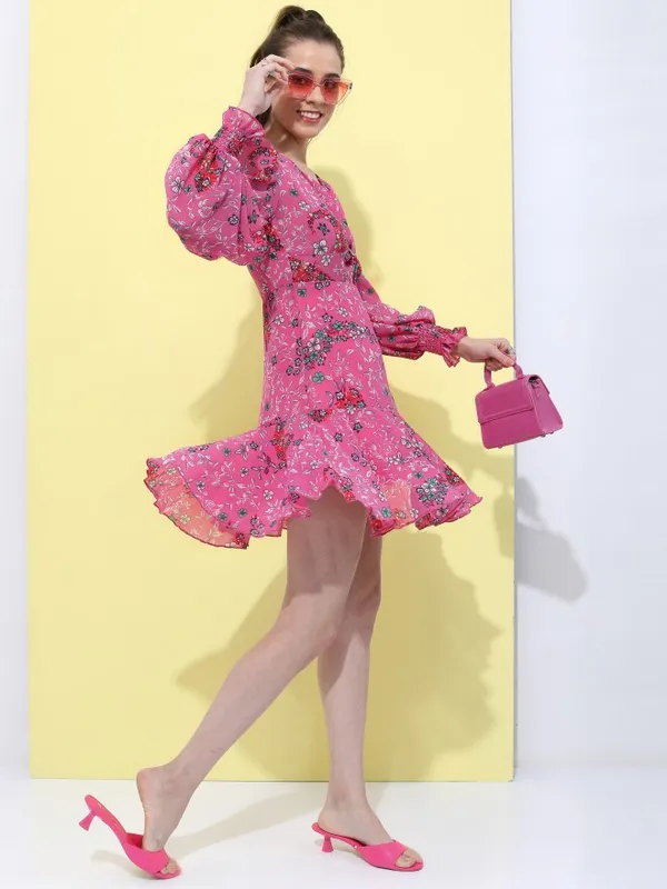Tokyo Talkies Women Pink Printed Fit And Flare Dress