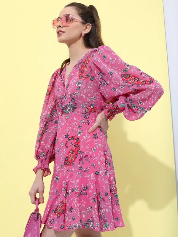 Tokyo Talkies Women Pink Printed Fit And Flare Dress