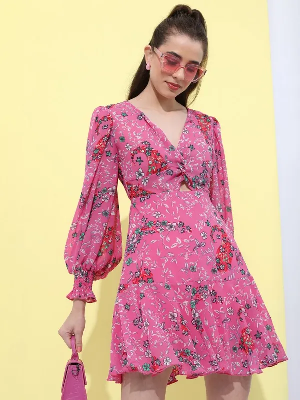 Tokyo Talkies Women Pink Printed Fit And Flare Dress