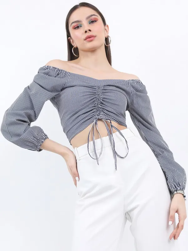  Ketch Women Navy Blue Striped Regular Tops