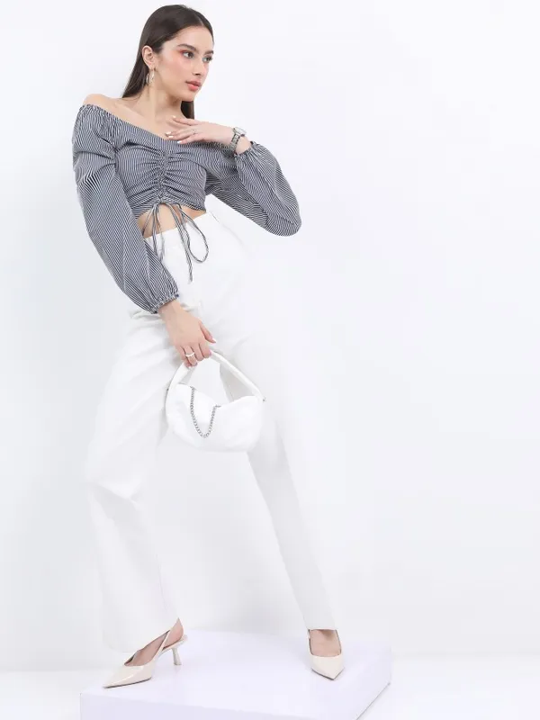  Ketch Women Navy Blue Striped Regular Tops