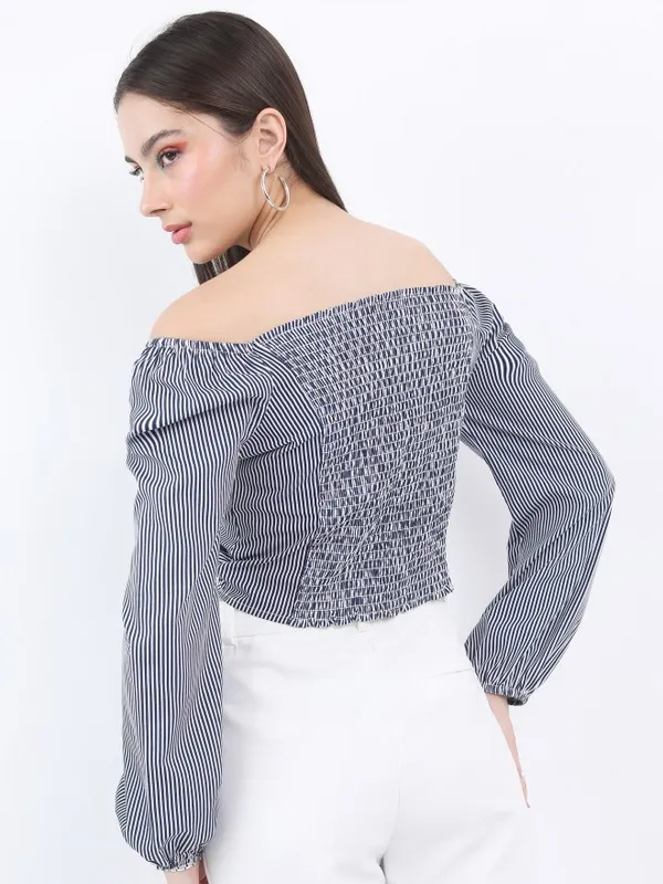  Ketch Women Navy Blue Striped Regular Tops