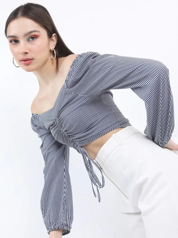  Ketch Women Navy Blue Striped Regular Tops