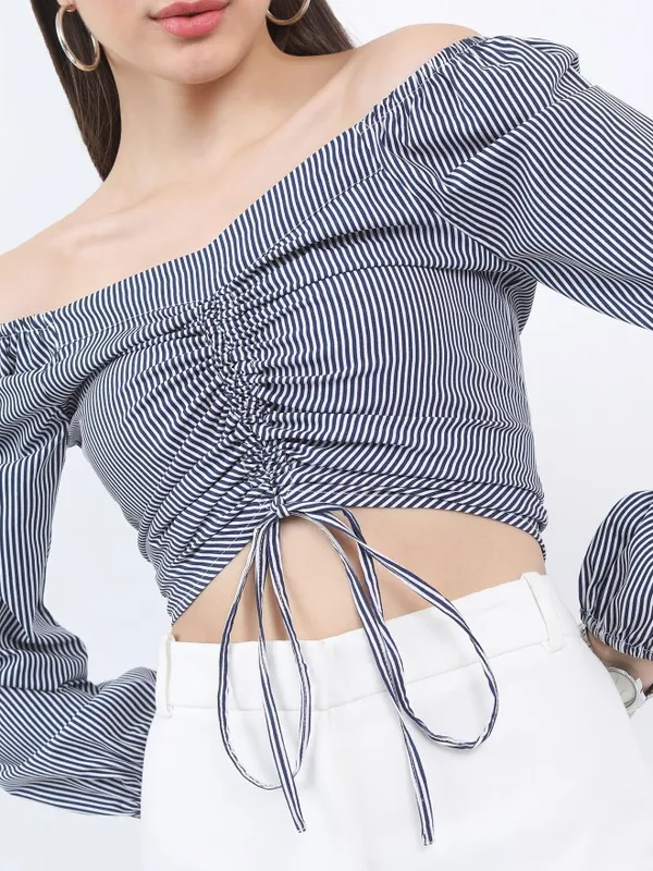  Ketch Women Navy Blue Striped Regular Tops