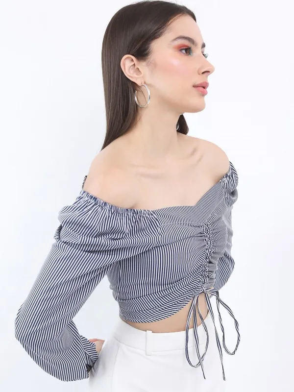  Ketch Women Navy Blue Striped Regular Tops