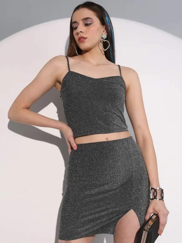 Tokyo Talkies Women Black Crop Top With Skirt Co-Ords