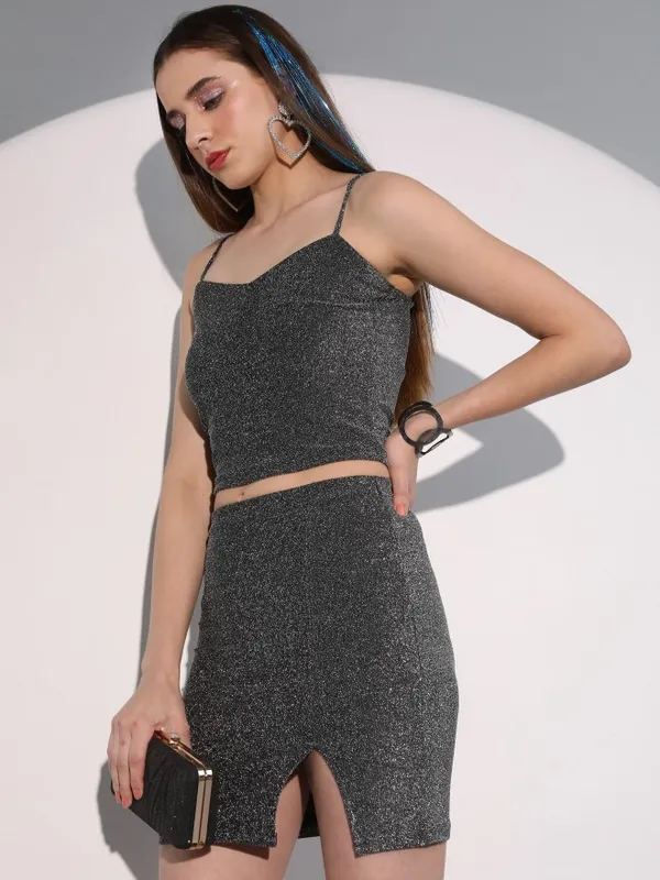 Tokyo Talkies Women Black Crop Top With Skirt Co-Ords