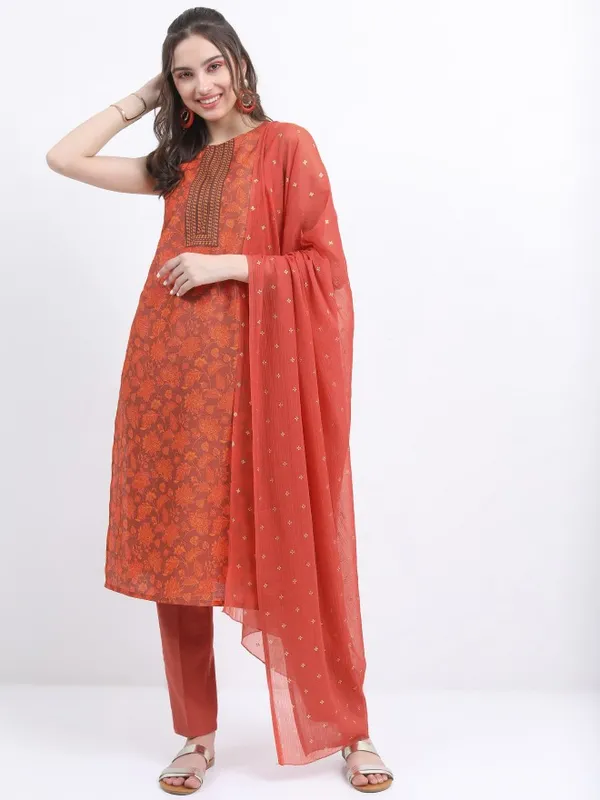 Vishudh Women Terracotta Printed Kurta With Trouser And Dupatta