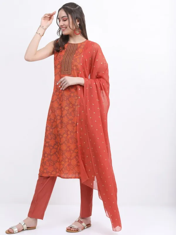Vishudh Women Terracotta Printed Kurta With Trouser And Dupatta
