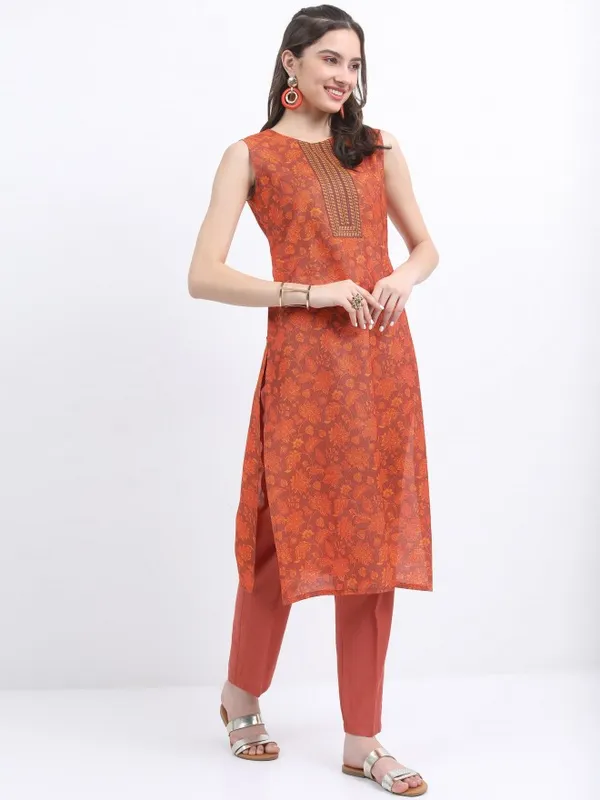 Vishudh Women Terracotta Printed Kurta With Trouser And Dupatta