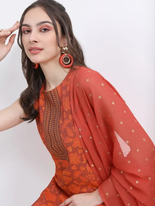 Vishudh Women Terracotta Printed Kurta With Trouser And Dupatta
