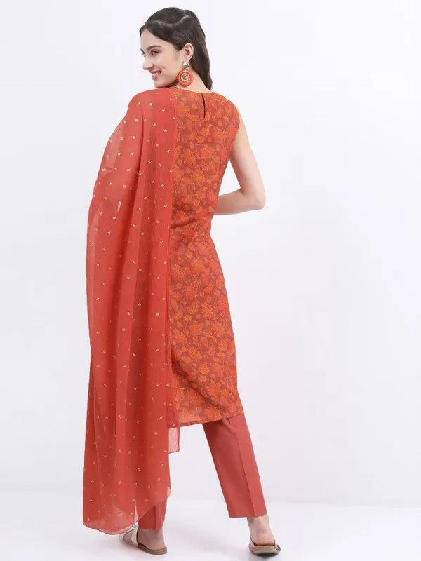 Vishudh Women Terracotta Printed Kurta With Trouser And Dupatta