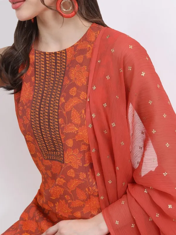 Vishudh Women Terracotta Printed Kurta With Trouser And Dupatta