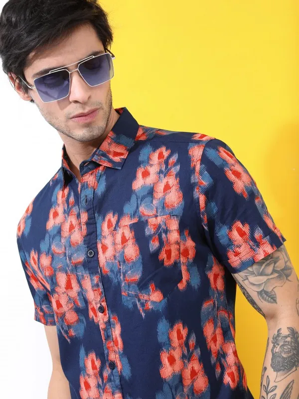 Highlander Men Navy Blue Printed Slim Fit Casual Shirts
