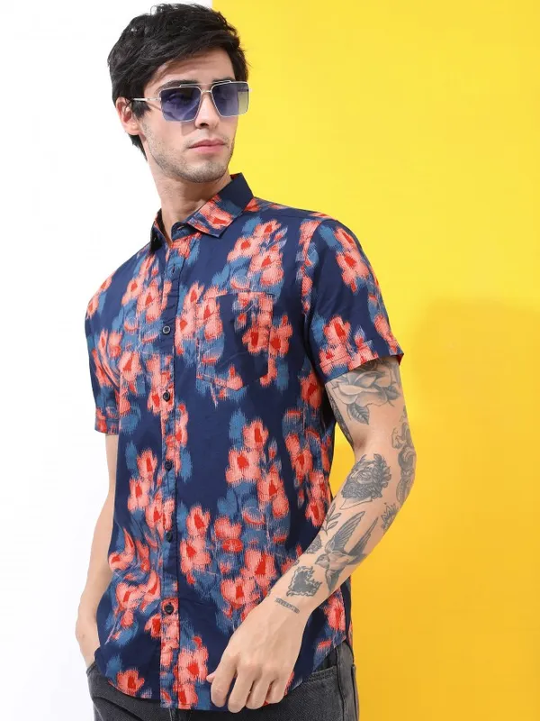  Highlander Men Navy Blue Printed Slim Fit Casual Shirts