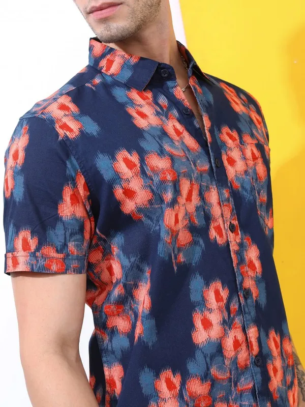  Highlander Men Navy Blue Printed Slim Fit Casual Shirts