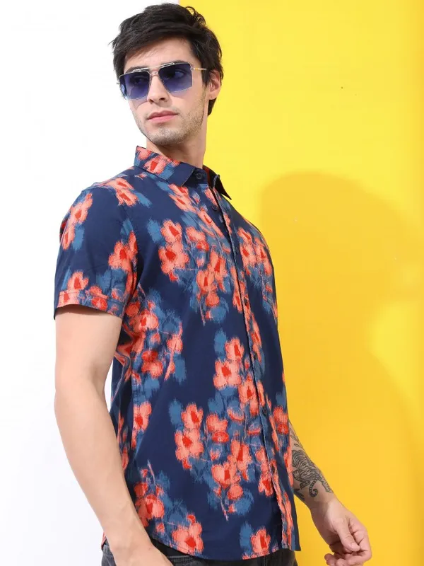  Highlander Men Navy Blue Printed Slim Fit Casual Shirts