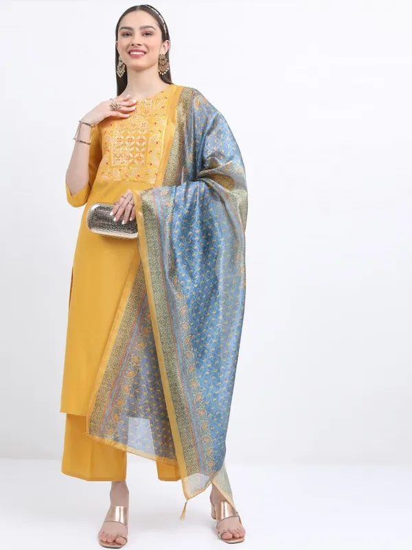 Ketch Women Yellow Self Design Kurta Sets