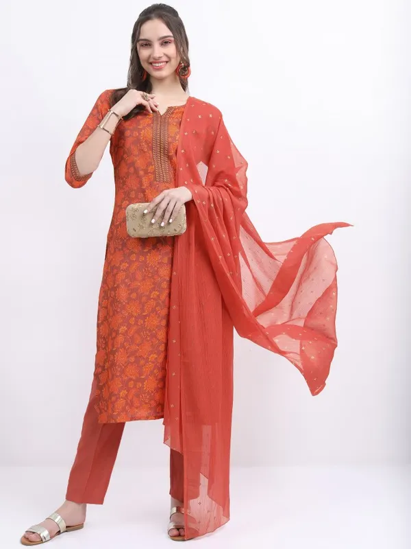 Vishudh Women Terracotta Printed Kurta With Trouser And Dupatta