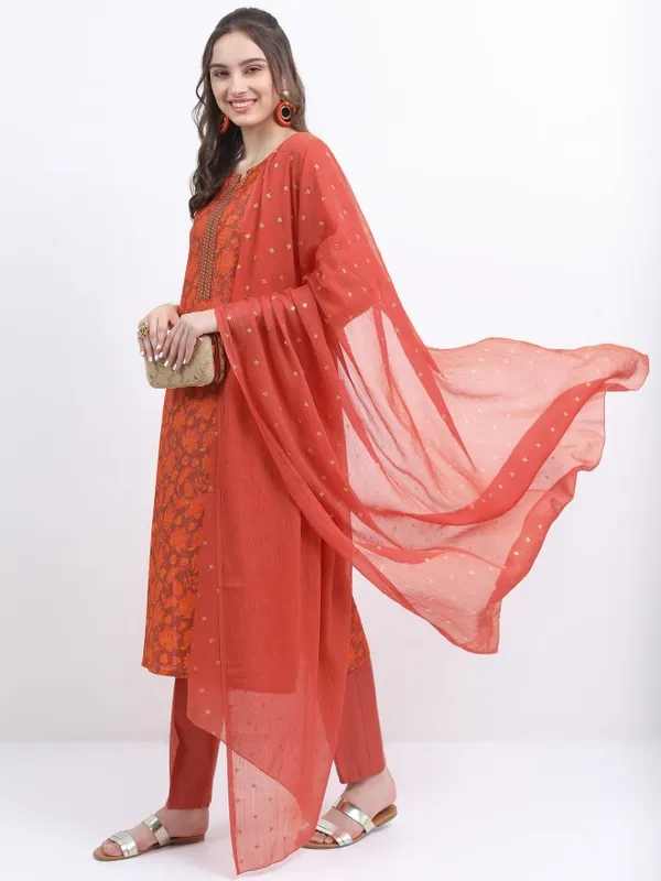 Vishudh Women Terracotta Printed Kurta With Trouser And Dupatta