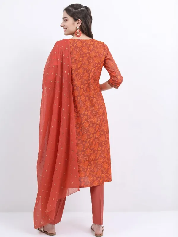 Vishudh Women Terracotta Printed Kurta With Trouser And Dupatta