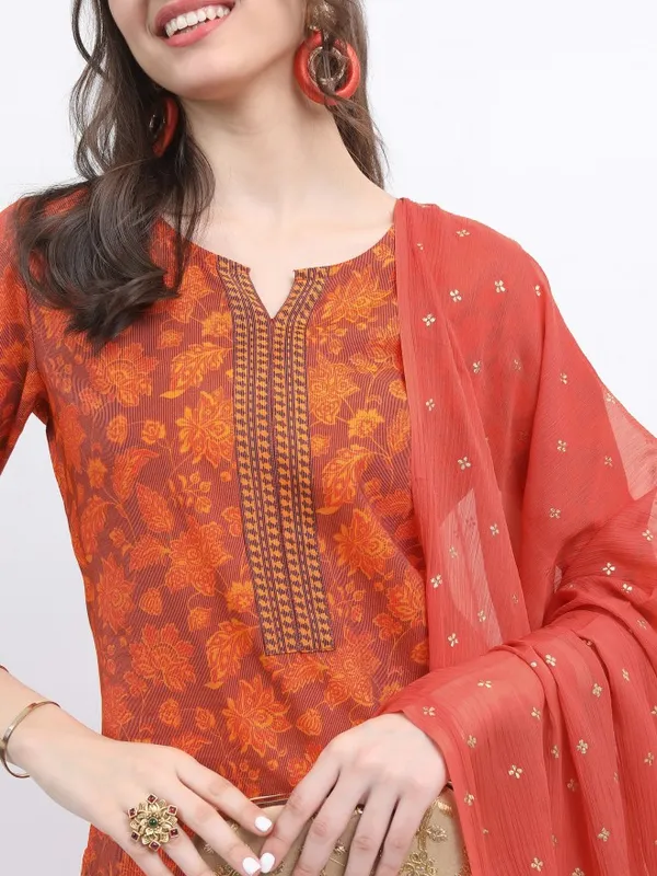 Vishudh Women Terracotta Printed Kurta With Trouser And Dupatta