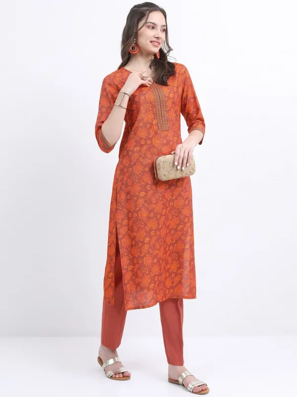 Vishudh Women Terracotta Printed Kurta With Trouser And Dupatta