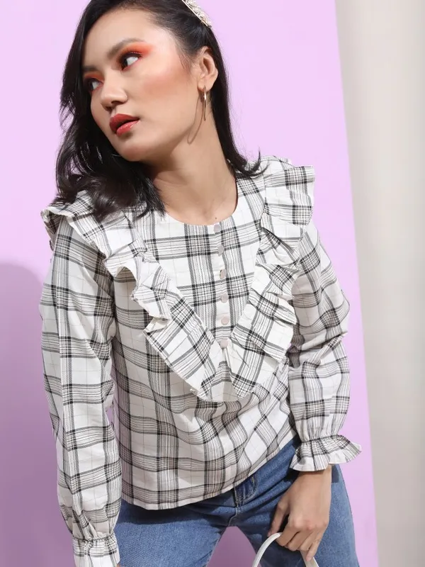Tokyo Talkies Women White Checked Regular Top