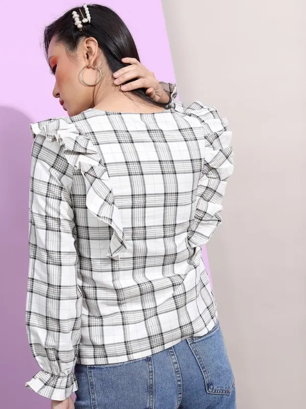 Tokyo Talkies Women White Checked Regular Top