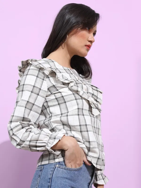 Tokyo Talkies Women White Checked Regular Top