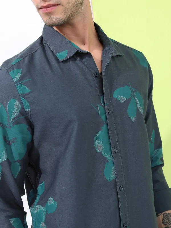  Highlander Men Teal Printed Slim Fit Casual Shirts
