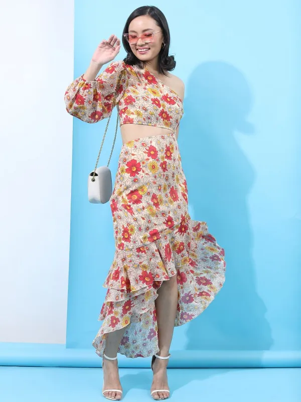 Tokyo Talkies Women Red Printed Fit And Flare Dress