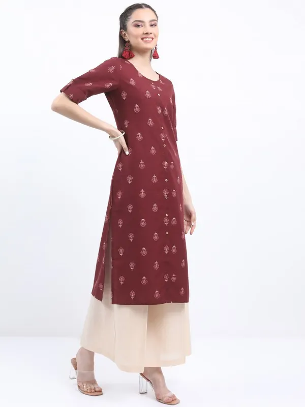  Ketch Women Burgundy Printed Straight Kurtas