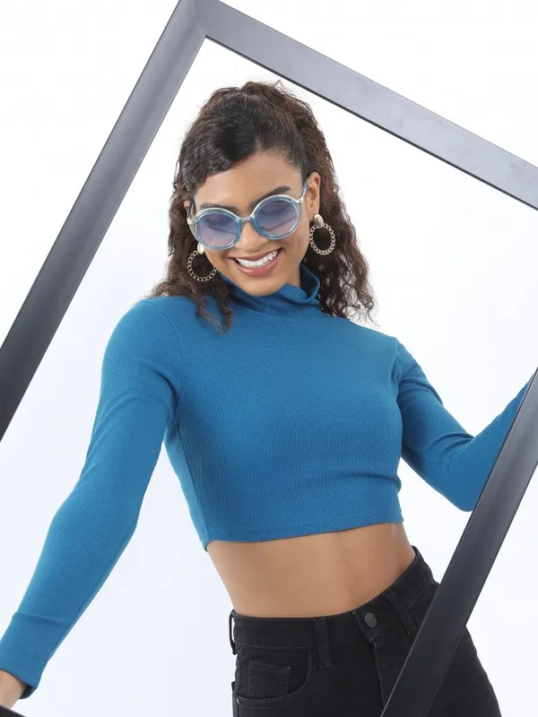  Ketch Women Blue Solid Fitted Tops