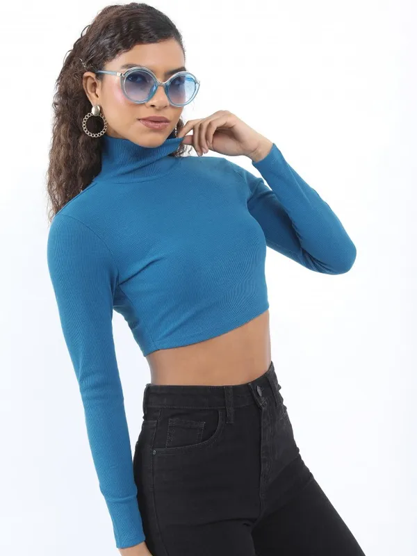  Ketch Women Blue Solid Fitted Tops