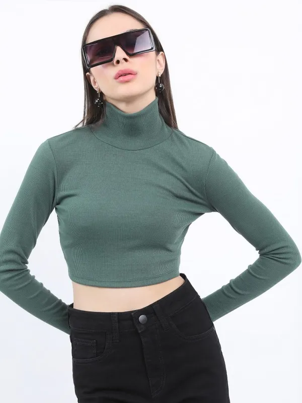  Ketch Women Green Solid Fitted Tops