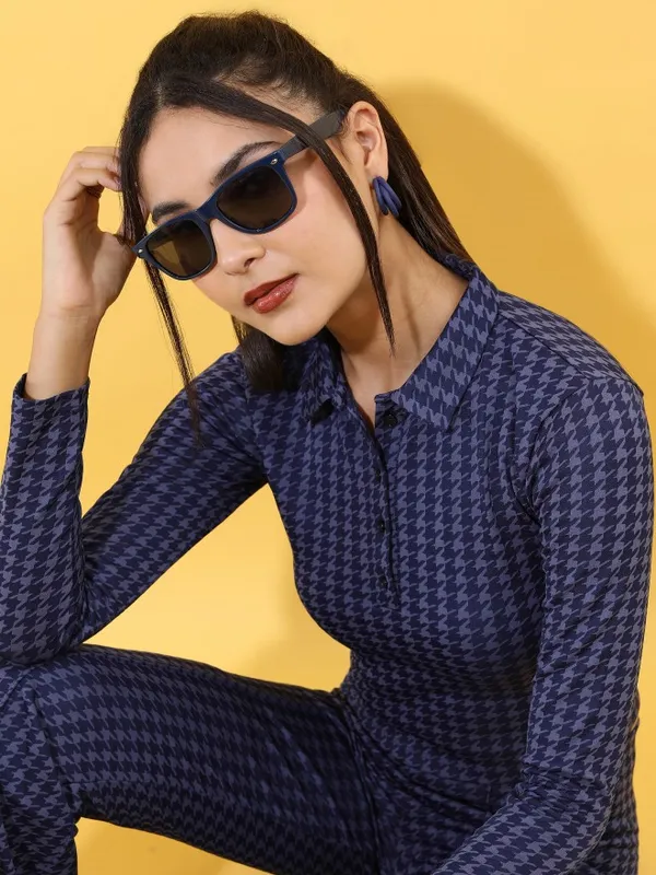  Tokyo Talkies Women Blue Self Design Shirt Style Tops