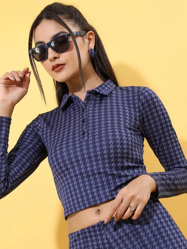  Tokyo Talkies Women Blue Self Design Shirt Style Tops