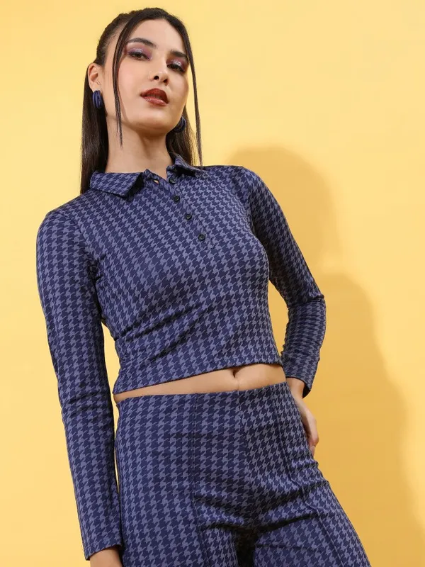  Tokyo Talkies Women Blue Self Design Shirt Style Tops